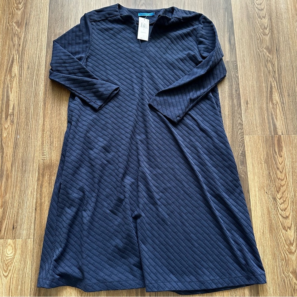 J McLaughlin Octavia Shift Dress Womens Large Navy Blue Geo Jacquard Knee Length